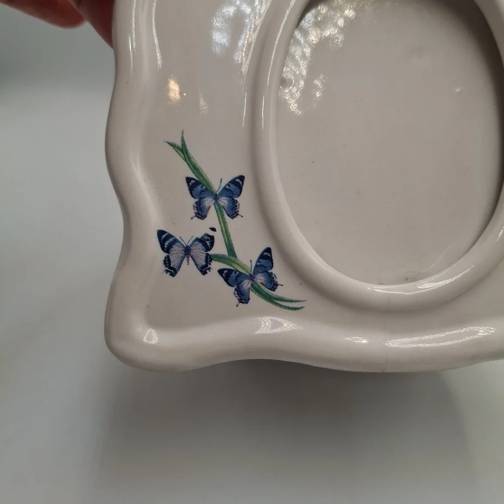 FTD Ceramic Butterfly Picture Frame Planter White Blue Floral Oval Opening Vtg